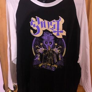 Ghost - band tshirt Black and White Striped Raglan Tee with Purple Logo Accent